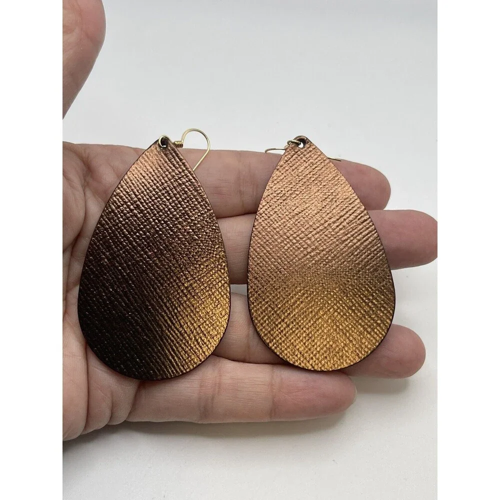 Nickel & Suede Textured Metallic Cocoa Brown Leather Teardrop Earrings New